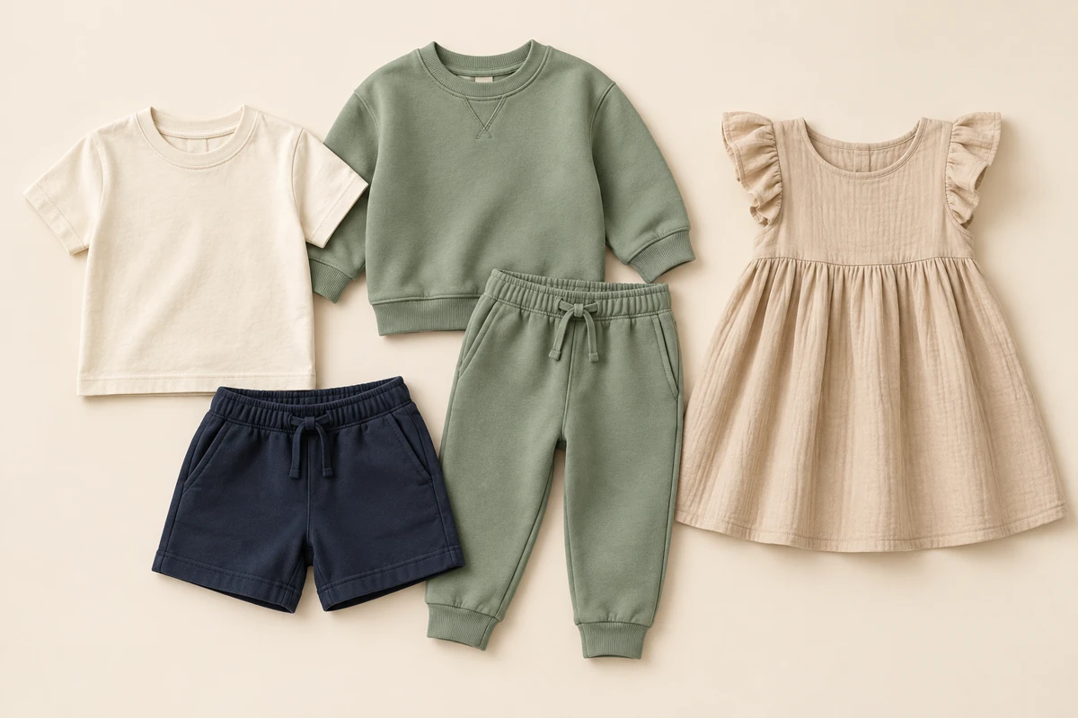 Imagen referencial de ropa para niños: polos, shorts y conjuntos